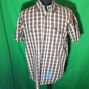 Camel Active Mens Size Medium Brown Tan Plaid Short Sleeve Shirt Retro Surf